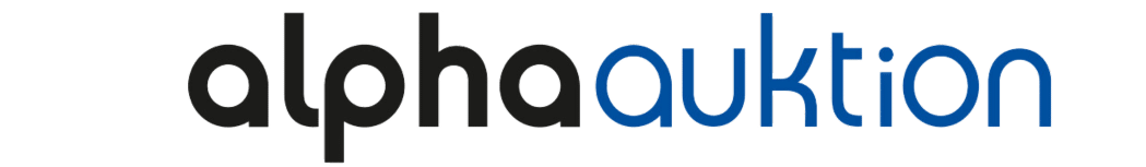 Logo der alpha Auktion in Schwarz und blau